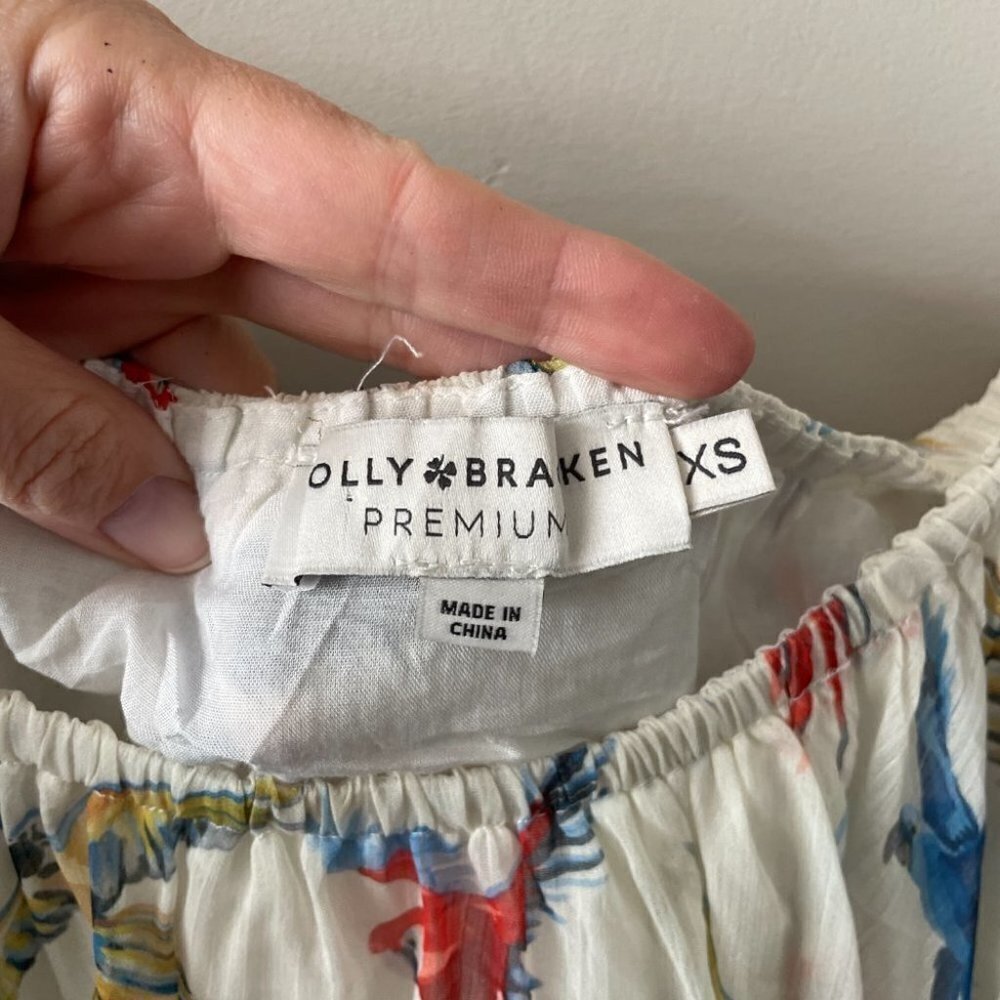 Molly Bracken Off The Shoulder Birds Print Ruffles Cropped Top White Blue XS - Picture 6 of 9